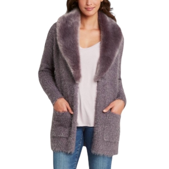 Knox Rose Gray Open Front Cardigan Sweater Faux Fur Detachable Collar Sz. S - Picture 1 of 15